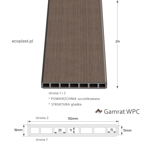 GAMRAT - Sztacheta pozioma WPC 150x19mm Classic / ciemny brąz 2m - schemat, powierzchnie i struktura
