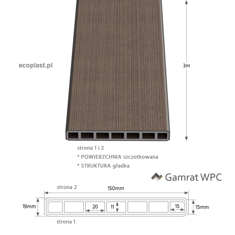 GAMRAT - Sztacheta pozioma WPC 150x19mm Classic / ciemny brąz 3m - schemat, powierzchnie i struktura