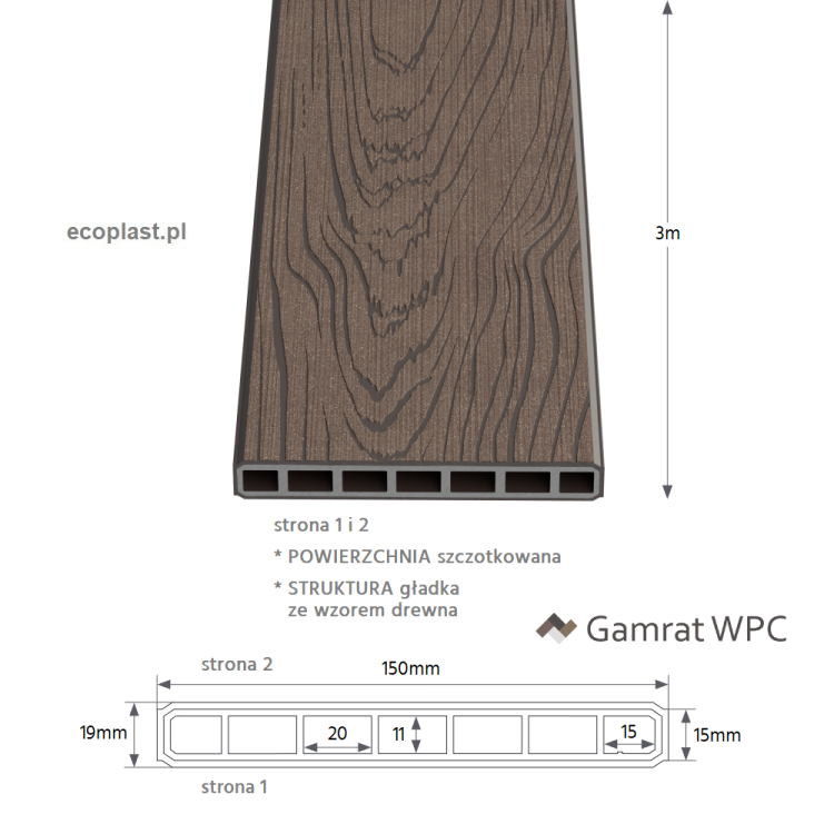 GAMRAT - Sztacheta pozioma WPC 150x19mm Premium / ciemny brąz 3m - schemat, powierzchnie i struktura