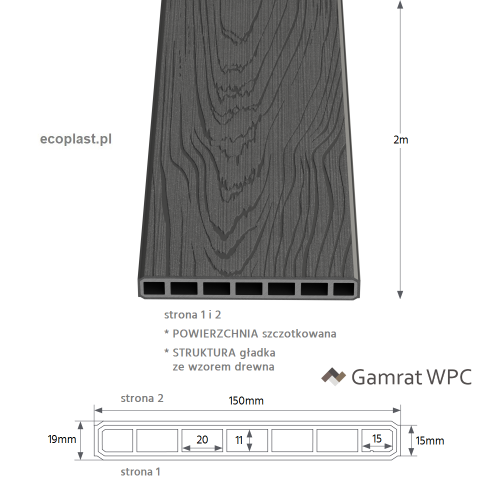 GAMRAT - Sztacheta pozioma WPC 150x19mm Premium / grafit 2m - schemat, powierzchnie i struktura