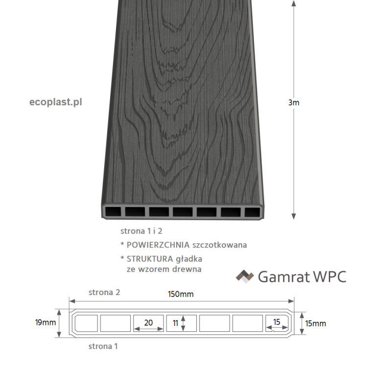 GAMRAT - Sztacheta pozioma WPC 150x19mm Premium / grafit 3m - schemat, powierzchnie i struktura