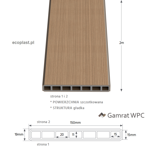 GAMRAT - Sztacheta pozioma WPC 150x19mm Classic / orzech 2m - schemat, powierzchnie i struktura