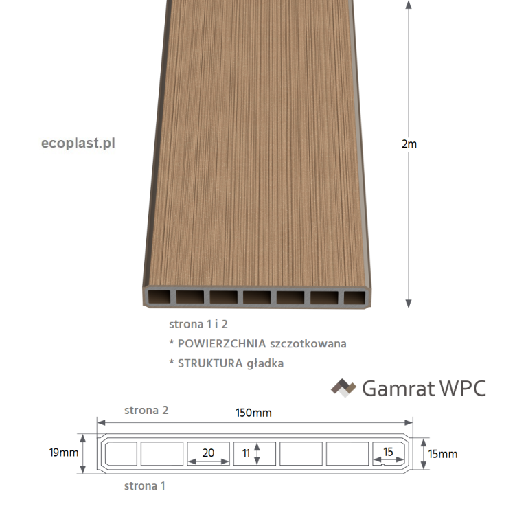 GAMRAT - Sztacheta pozioma WPC 150x19mm Classic / orzech 2m - schemat, powierzchnie i struktura