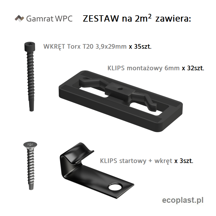 GAMRAT - Zestaw montażowy (do deski tarasowej) / na 2m² - ZAWARTOŚĆ