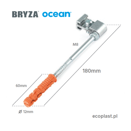 BRYZA / OCEAN - Śruba M8 do obejmy PVC (z kostką) + kołek / 180mm - SCHEMAT