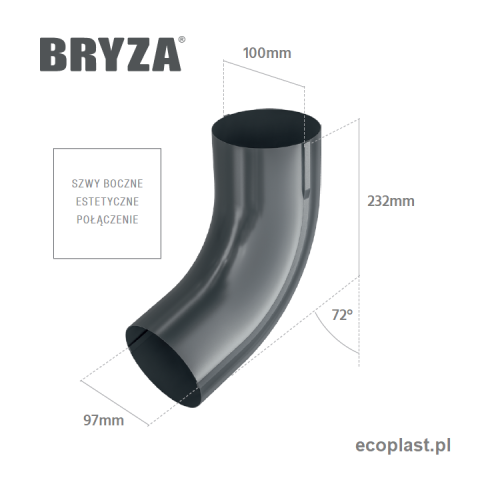 BRYZA STAL - Kolano / wylewka 100mm (kąt 72°) - SCHEMAT