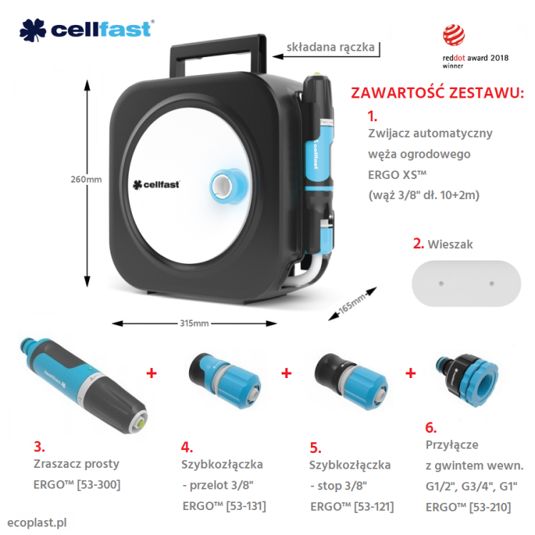 CELLFAST - Zwijacz węża ogrodowego ERGO XS / wąż 10m + końcówki - WYMIARY i AKCESORIA