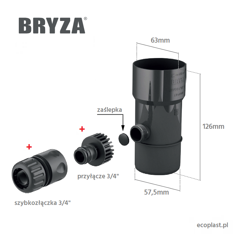BRYZA PVC ceglasty - Odzyskiwacz wody deszczowej / 63mm + końcówki - SCHEMAT i AKCESORIA