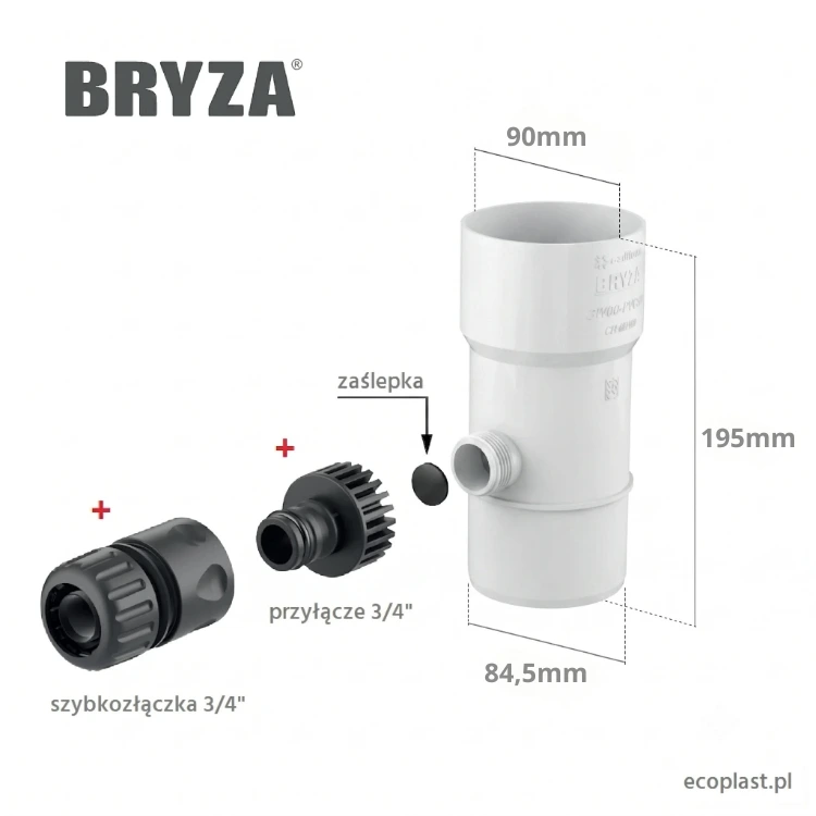 bryza-pvc-bialy-odzyskiwacz-wody-deszczowej-90mm-koncowki-schemat-wymiarow