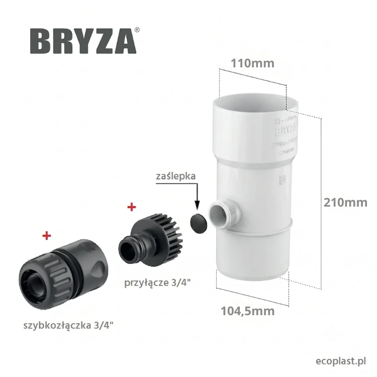 bryza-pvc-bialy-odzyskiwacz-wody-deszczowej-110mm-koncowki-schemat-wymiarow