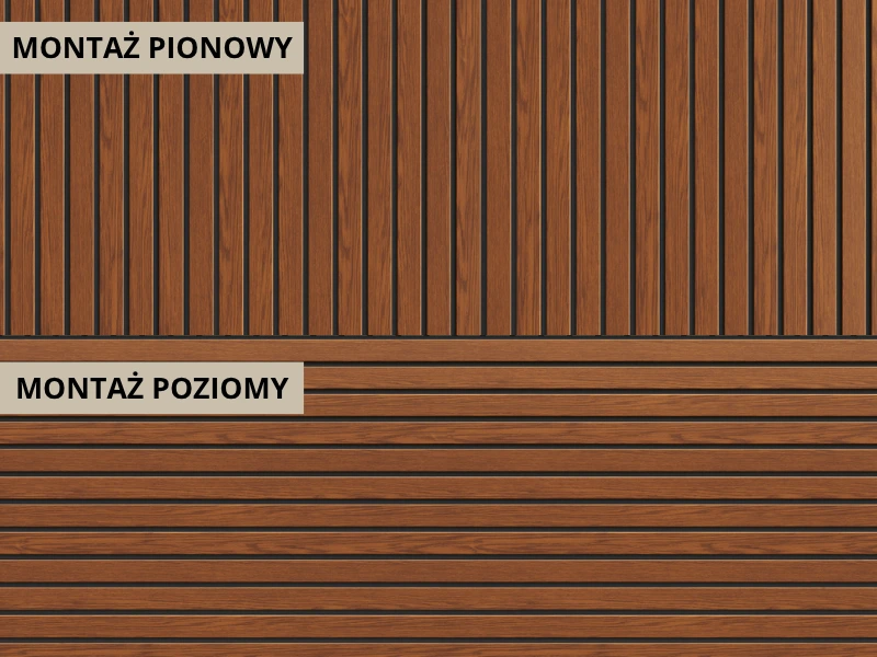 Panele Fronto w kolorze złotego dębu ułożożone w pionie i poziomie