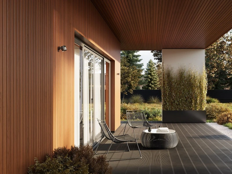 Zastosowanie na zewnatrz paneli Fronto w kolorze złotego dębu z kolekcji max-3