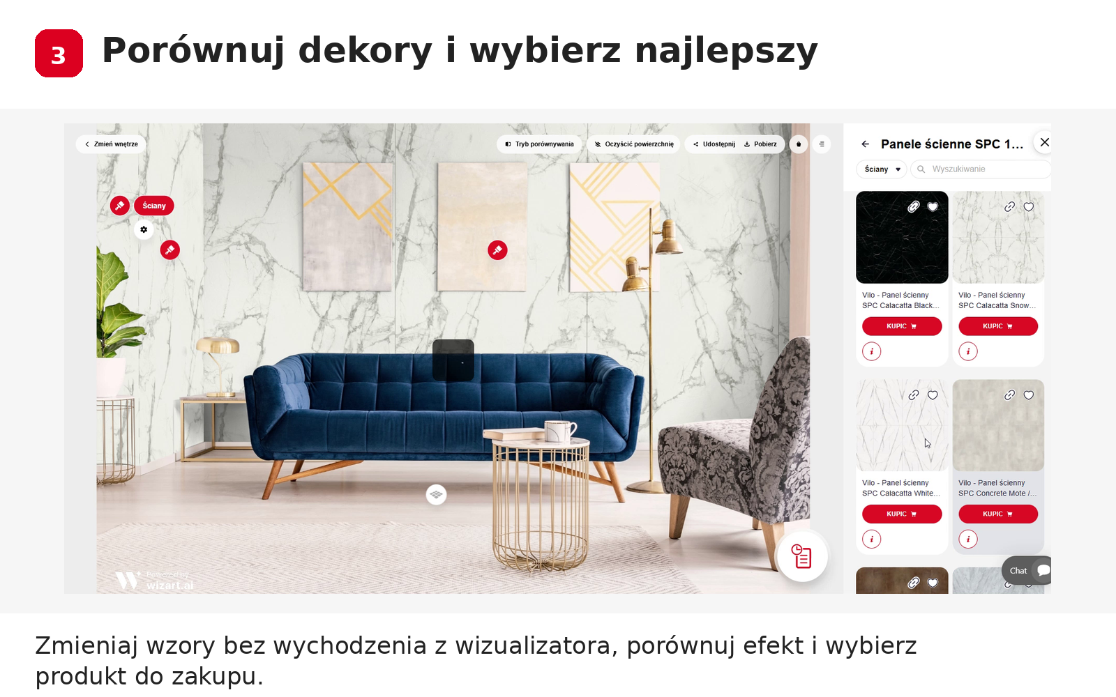 Porównywanie różnych dekorów paneli w wizualizatorze Wizart.ai